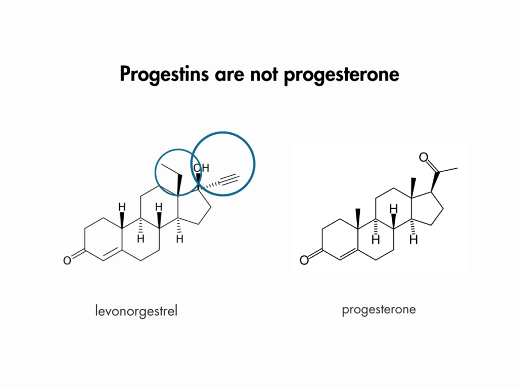 Molecular structures of progesterone versus the progestin levonorgestrel.